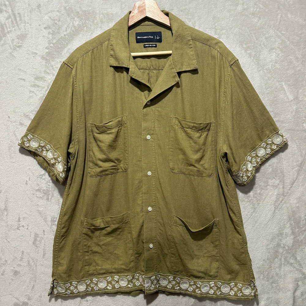 Abercrombie & Fitch Mens Large Olive Green Linen Blend Embroidered Camp Shirt